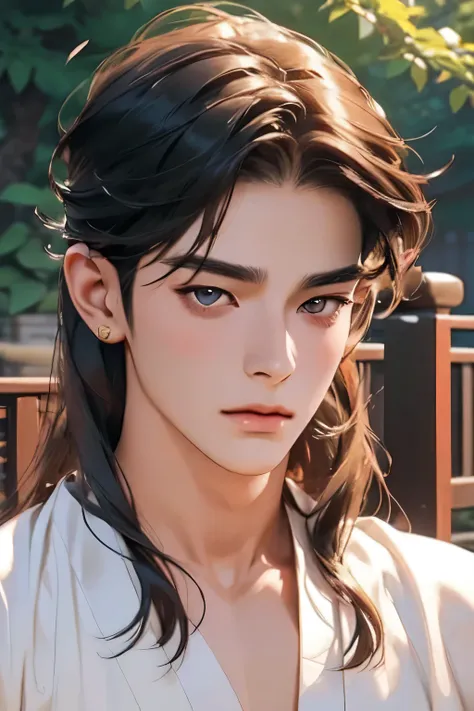 handsome youngman,apsara accessories, concubine,beautiful traditional Korean clothing,sexy,muscular,Gorgeous eyes,datailed face,twink,BAREFACE,one man,natural gaze, full torso,Hanok garden,ultra realistic,ultra-detailed,(beautiful detailed face and eyes an...