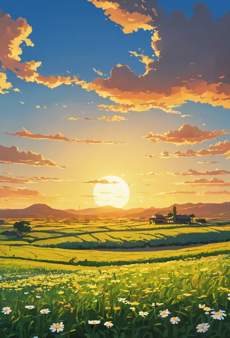 Draw a simple Tintin style art of a desert field with daisy flower plantation sunset bottom view of sun twilight hellish country house meadows sky!!!  clouds!! detailed in a field, anime nature, Makoto Shinkai!, anime beautiful peace scene, Anime Countrysi...