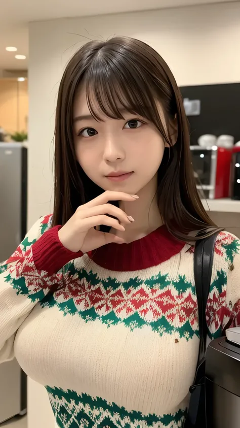 Christmas Sweaters, Latest coffee machines、Seventeen year old high school girl、Big Breasts、Detailed hand fingers、