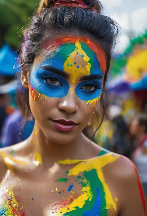 portrait of a beautiful woman, 2, (body painted with colorful paint, carnival style), realistic self portrait, 8K UHD, dslr, grain of film, Fujifilm XT3 photorealistic painting midjourney art, inspired by a Brazilian.