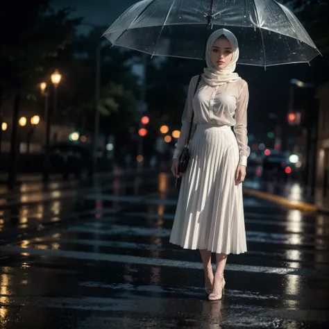 a beautiful woman with hijab,Elegant white pleated long skirt,semi-transparent shirt,standing full body in the rain,high heels,on a street at night,with umbrella,wet by the rain,(The best quality,4k,8K,High resolution,masterpiece:1.2),ultra detailed,(reali...