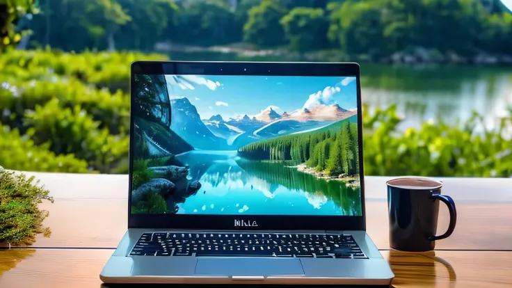 Background Mountain,In nature, such as a river,Laptop,male,Angle from afar