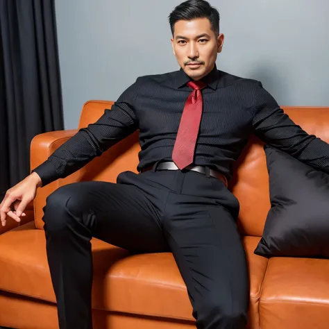 60 year old father,One Man、Black Shirt、Red tie、black slim pants、Sit on the sofa、Businessman chairman,Muscular、Buzz cut、Very short perm、Asian Face　Stubble、Gay、The crotch area of your trousers is bulging