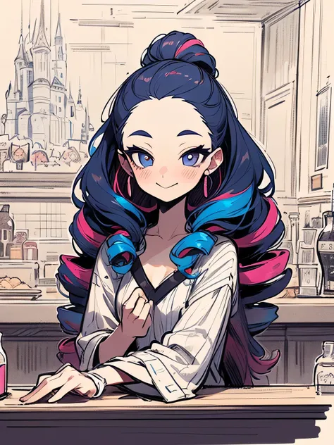 solo, bar counter,  (multicolor loose side drill hair), big forehead, drunk face, cheek,purple eyeshadow,Eyeliner, aristocratic tube tops、castle, (manga style), (sketch), (illustration),