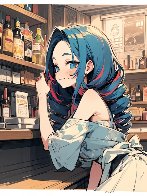 sideview,solo, bar counter,  (multicolor loose side drill hair), big forehead, drunk face, cheek,orange color eyeshadow,Eyeliner, aristocratic tube tops、castle, (manga style), (sketch), (illustration),