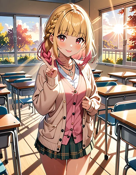 (((anime))), ((animated)), (GAL), medium hair, (braid hair:1.3), (blunt bangs:1.2),two-tone hair, blonde hair, (pink hair), round face, red eyes, (drooping eyes), (((tareme))),Pink Lip,piercing,necklace,[black skin], light smile, ((((cute)))), beautiful, 1...