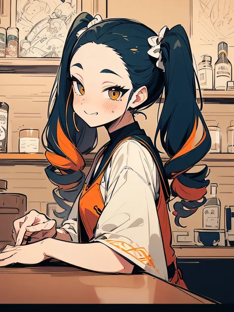 undersideview,solo, bar counter,  (multicolor loose side drill twintail), big forehead, drunk face, cheek,orange color eyeshadow,Eyeliner, aristocratic tube tops、castle, (manga style), (sketch), (illustration),