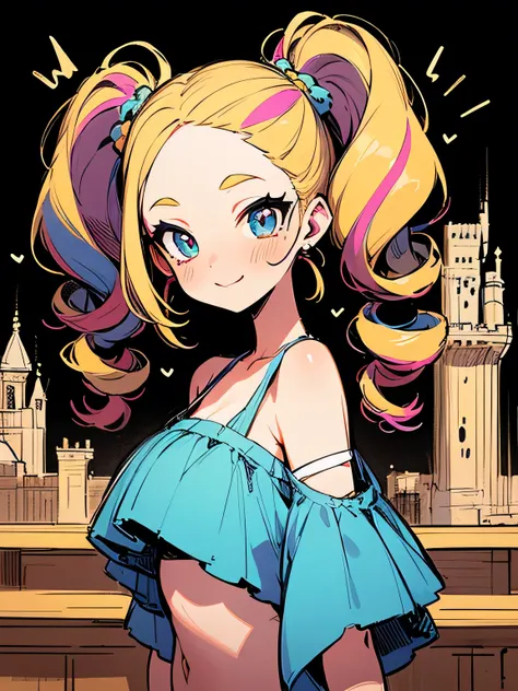 undersideview,solo, bar counter,  (multicolor loose side drill twintail), big forehead, drunk face, cheek,orange color eyeshadow,Eyeliner, aristocratic (offshoulder),tube tops、castle, (manga style), (sketch), (illustration),