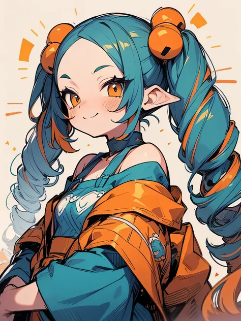 undersideview,solo, bar counter,  (multicolor loose side drill twintail), big forehead, drunk face, cheek,orange color eyeshadow,Eyeliner, aristocratic (offshoulder),tube tops、castle, (manga style), (sketch), (illustration),