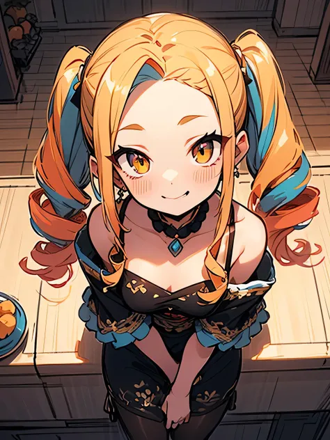 from above,chibi,solo, bar counter,  (multicolor loose side drill twintail), big forehead, drunk face, cheek,orange color eyeshadow,Eyeliner, aristocratic (offshoulder),tube tops、castle, (manga style), (sketch), (illustration),