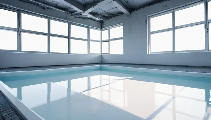 Liminal Space, no object,white color pool, white pool tiles, beem of light from window, white background