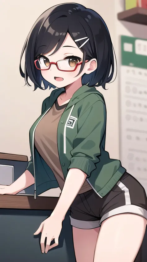 Long bangs, black hair, red glasses, brown eyes, (large breasts: 0.9), short hair, boyish, green jacket, brown T-shirt, (white shorts: 1.2), elementary school student, very short, hairpin, young face, strong-willed personality, , young girl, round eyes, lo...