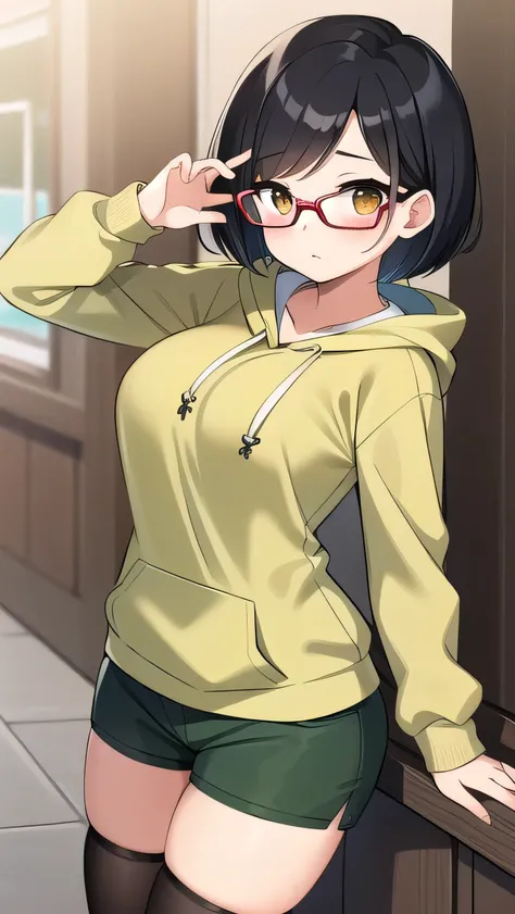 Long bangs, black hair, red glasses, brown eyes, (large breasts: 0.9), short hair, boyish, green hoodie, brown underwear, white shorts, elementary school student, very short, hairpin, young face, strong-willed personality, , young girl, round eyes, Black S...