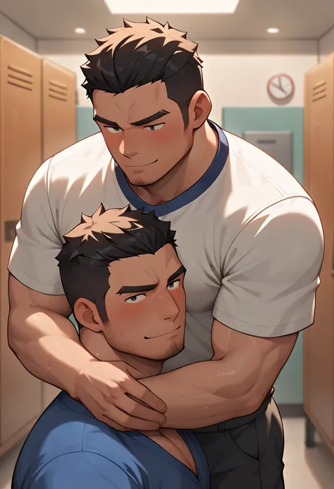 A male college student from the baseball team is hugging and sniffing the uniform of his favorite senior in an empty locker room at night. The male college student is Japanese, with short black hair and is a little hairy.