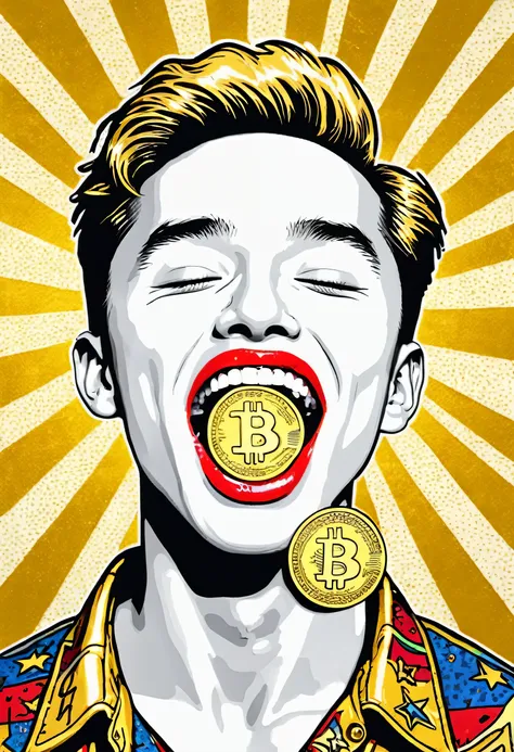 low quality、Pop Art、((One coin))、(Mouth only)、No eyes、No nose、Teeth are visible、gold、Logo、central、big、Background is white