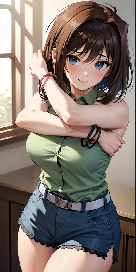 1 Female,High definition,high resolution,Ultra-realistic,8K, aamazaki, (antenna hair:1.2), green shirt, sleeveless, bracelet, belt, blue shorts, jewelry,European,sexy,Upper body close-up,Photographed from the front,Dynamic Angles,blush, medium tits, happy,...