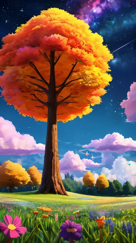  Viral anime nature wallpaper in 8K quality, in the style of Pixar 3D inspired by Toy Story, showcasing a lush meadow filled with colorful wildflowers, a clear blue sky with fluffy clouds, and a single majestic tree standing in the middle; bright and cheer...