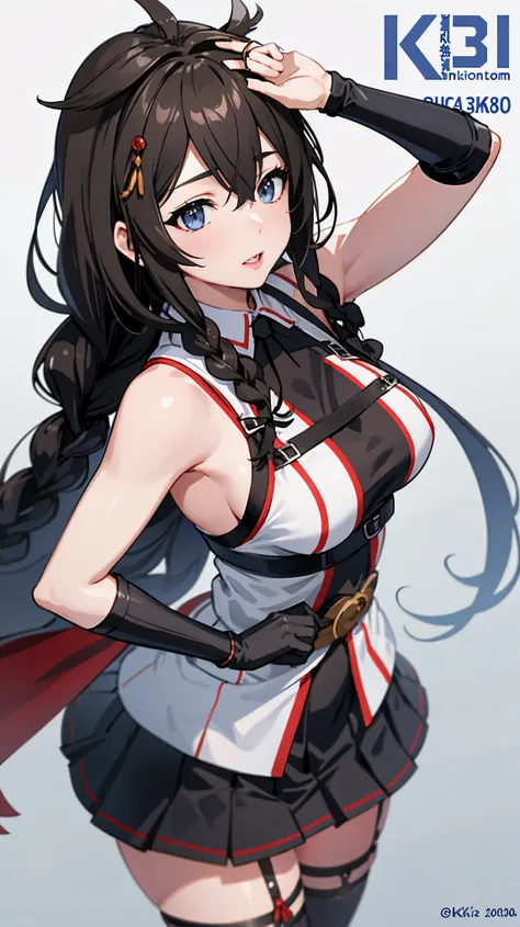 shigure kai 3 kancolle sleeveless black fingerless gloves black skirt braids 8k high resolution highly detailed eyes highly deta...