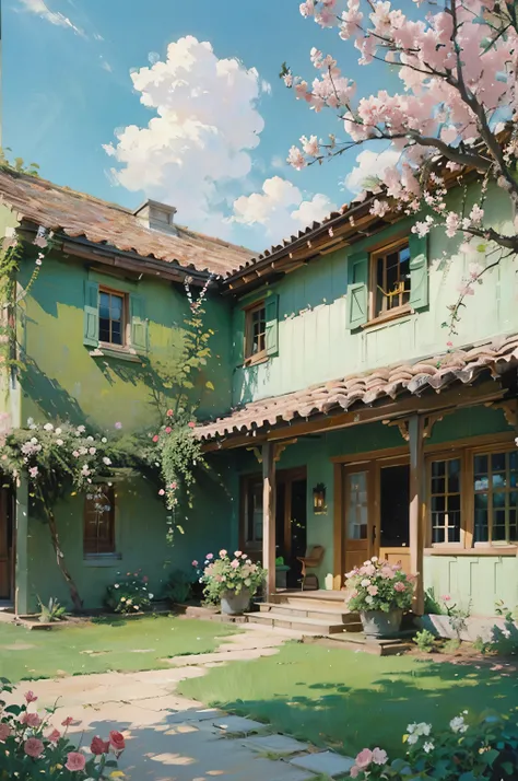 Painting of the exterior of a three-story small western-style building, white walls, light green doors and windows, pink rose flowers, flower vines, anime background art, relaxation concept art, anime landscape concept art, very detailed scenes, beautiful ...