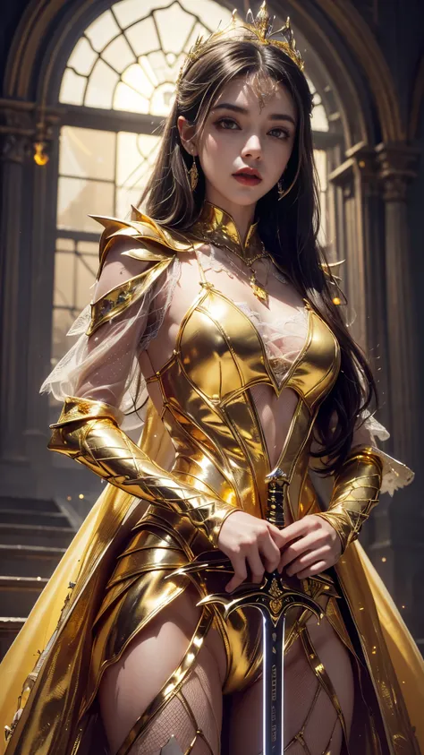 Top quality, masterpiece, ultra high definition, Original photo, 1 Girl, ((mesh sardine)), cinematic lighting, very long hair, detailed eyes, wind, necklace, piercing, ((victor costume)), ((mesh costume)), yellow costume, ((metallic lace)), ((victor cape))...