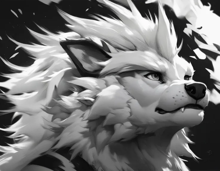 Feral Arcanine,black and white,drawing, head shot,