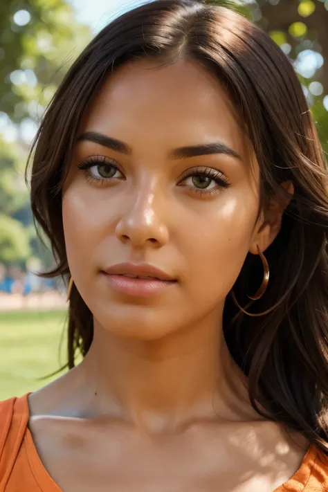 a woman, at the park, sunny day, orange sundress, RAW, UHD, 8K, (closeup:1.1), head, highly detailed face, stunning eyes