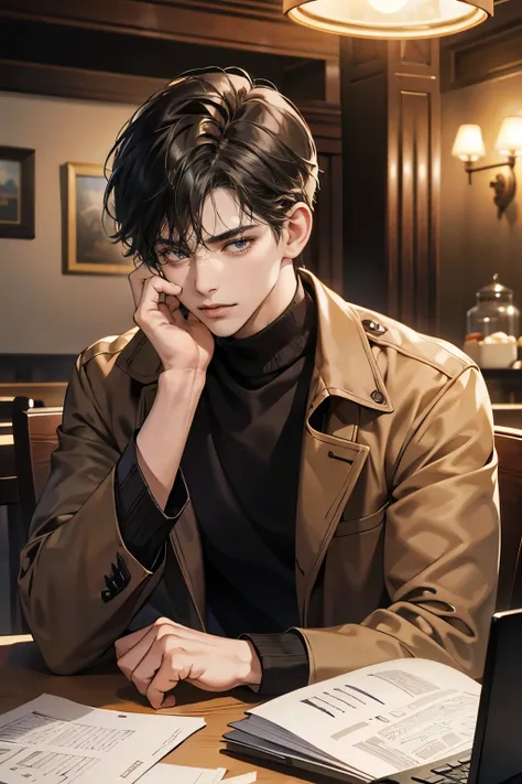 (masterpiece, High resolution, Very - detailed:1.0), (1 Boy, young man), Eyes looking at the camera, The perfect male body, Very detailed CG, 8k wallpaper, Intricate details, Solo person, Detailed face,(Black hair, brown coat,brown sweater, white shirt, Si...