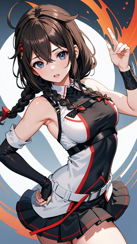 shigure kai 3 kancolle sleeveless black fingerless gloves black skirt braids 8k high resolution highly detailed eyes highly deta...