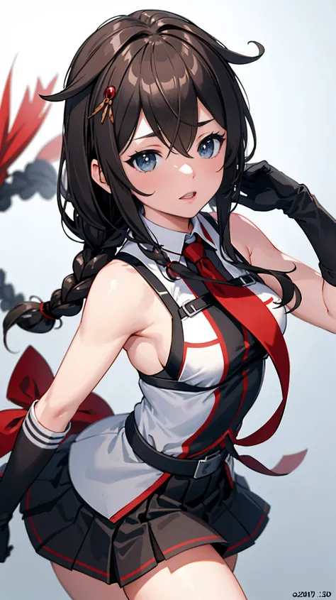 Shigure Kai 3 KanColle Sleeveless Black fingerless gloves Black skirt Braids 8K high resolution Highly detailed eyes Highly detailed face、Very detailed body、Highly detailed skin
