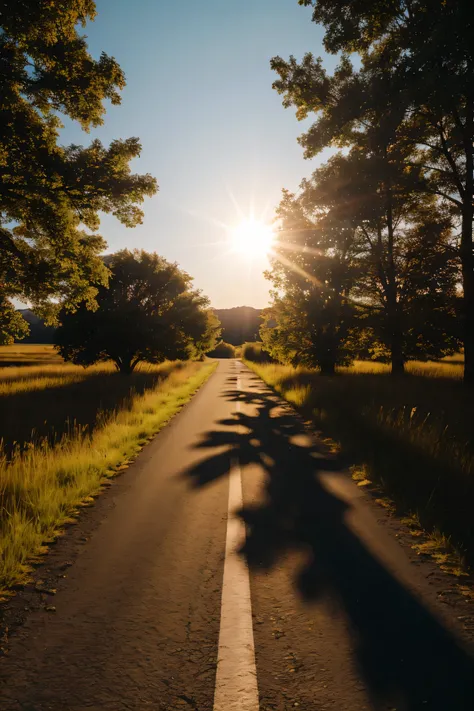 Road with clear background, endless grass next to road, full sun, (high detail RAW photo), (Masterpiece, realistic, Heavy shadow, dramatic and film lighting, key light, fill light), clear focus, film texture, texture, film flower, depth of field