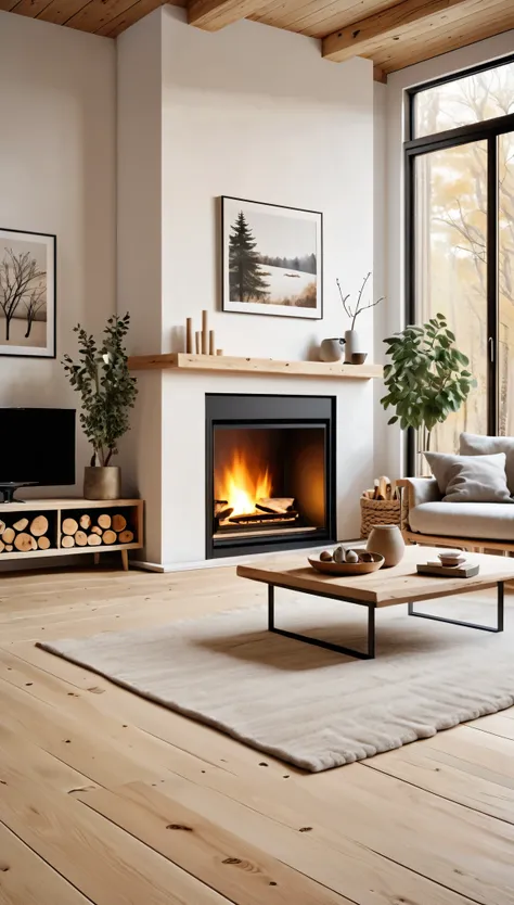 Create a cozy Scandinavian-style living room with light wooden floors, minimalistic furniture, and a large fireplace. The room is adorned with soft, neutral-toned textiles and natural elements like plants and wooden accents. The image should be captured in...