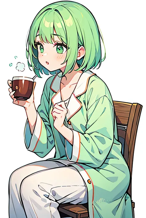 20-year-old woman,Cute pajamas,Drinking tea,Mint green hair,Bob Hair,White background