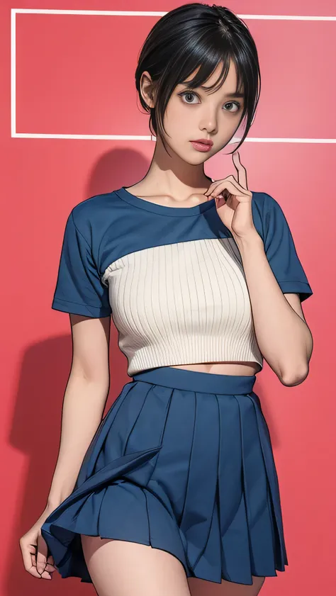 1 girl、A girl wearing a skirt rolled up，Showing off her sweatpants、Black short hair、As cute as an idol、Embarrassed look、Thin、small, Full breasts、Healthy thighs、summer 、Pick up the blue pleated skirt，Lift it up.、Red Sweatpants、Cowboy shooting、Anatomically c...