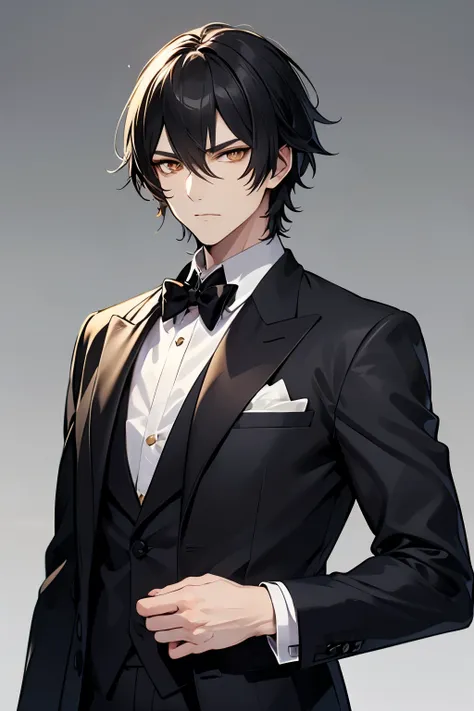 Man, black hair, golden eyes, dressed in a formal suit, has a serious but relaxed expression.