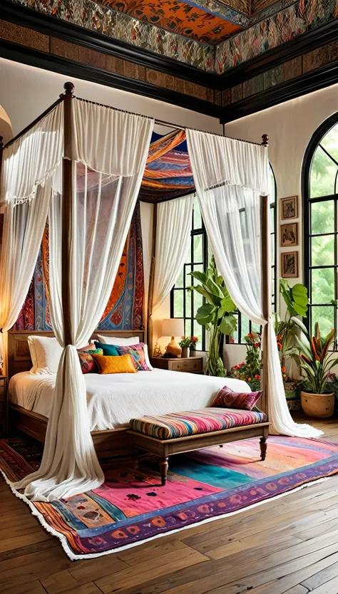 Imagine a dreamy bohemian bedroom with a large canopy bed draped in sheer white fabric, surrounded by colorful tapestries and vibrant plants. The room should feel eclectic and warm, with natural light streaming through oversized windows. Capture the scene ...