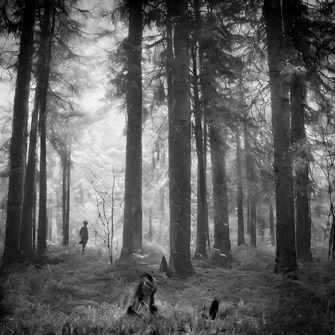 (black and white photograph of a forest),(photorealistic),(old photograph),(pine tree forest),(thick undergrowth),(furry, black ...