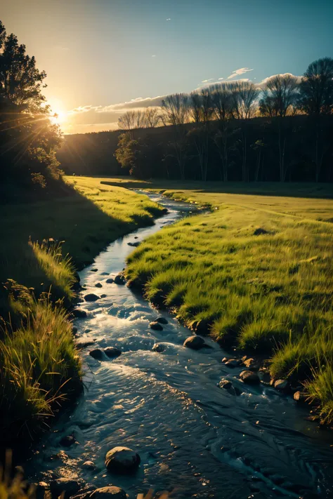 Road with clear background, endless grass beside the road, plenty of sunlight, blue sky, next to a slowly flowing stream (high detail RAW photo), (Masterpiece, realistic, heavy shadow, dramatic and cinematic lighting, key light, fill light), clear focus, c...