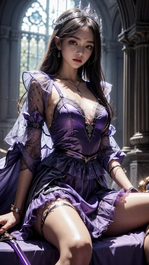 Top quality, masterpiece, ultra high definition, Original photo, 1 Girl, ((mesh sardine)), cinematic lighting, very long hair, detailed eyes, small breasts, wind, necklace, piercing, ((victor costume)), ((mesh costume)), ((purple costume)), ((metallic lace...