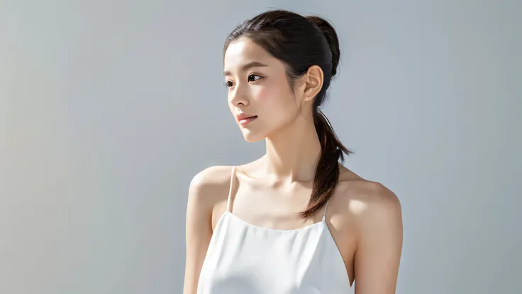 Beautiful Japanese woman、slim、masterpiece、high resolution、Practical、Ponytail、Fashionable white dress、Shoulders extended、Natural skin texture、White background、front