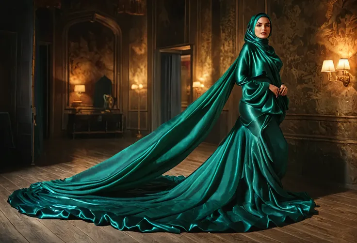 woman shrouded in a 10-meter-long, plush dark green semi transparent satin shimmer cloth, tightly bound and grandly draping alon...