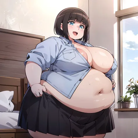 1 girl with obese body and short black hair., blue eyes. Wearing a button up shirt ripping with a nice neckline., exposed belly, long checkered skirt, boob window, with a horny look, visibly excited, in a hotel room.