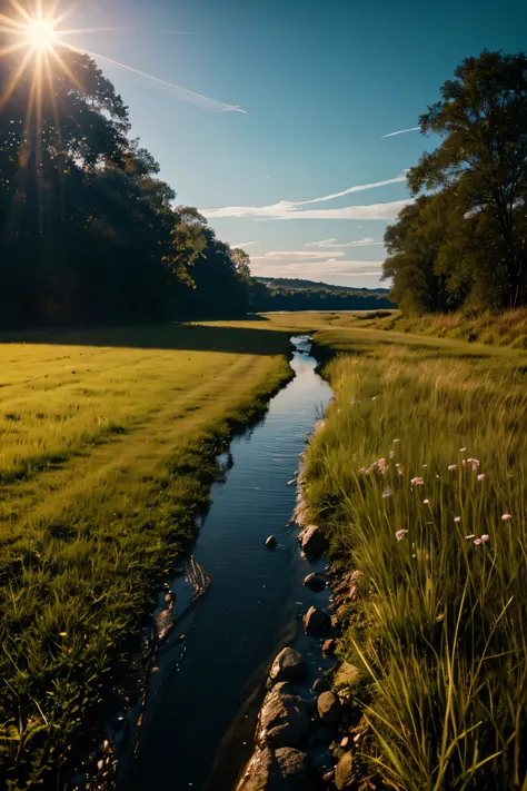 Road with clear background, endless grass beside the road, plenty of sunlight, blue sky, next to a slowly flowing stream (high detail RAW photo), (Masterpiece, realistic, heavy shadow, dramatic and cinematic lighting, key light, fill light), clear focus, c...