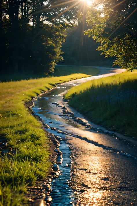 Road with clear background, endless grass beside the road, plenty of sunlight, blue sky, next to a slowly flowing stream (high detail RAW photo), (Masterpiece, realistic, heavy shadow, dramatic and cinematic lighting, key light, fill light), clear focus, c...