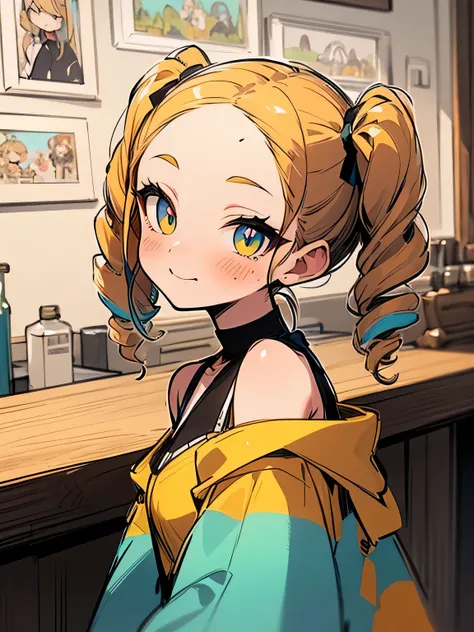 sideview,(looking at viewer:1.3),chibi,solo, bar counter,  (multicolor loose side drill twintail), big forehead, drunk face, cheek,orange color eyeshadow,Eyeliner, aristocratic (offshoulder),tube tops、castle, (manga style), (sketch), (illustration),