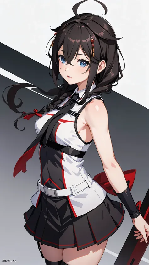 shigure kai 3 kancolle sleeveless black fingerless gloves black skirt braids 8k high resolution highly detailed eyes highly deta...