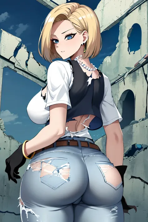 best quality, highres, and18, 1girl, android 18, solo, blue eyes, blonde hair, belt, jeans, pearl_necklace, bracelet, black gloves, white shirt, short hair, short sleeves, earrings, blue pants, open vest, black vest, large breasts, (ruins:1.3), from behind...