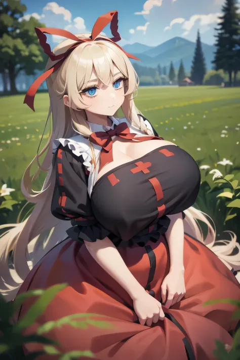 1girl, (Medicine Melancholy, blonde hair, long hair, wavy hair, silver-blue eyes, thick eyelashes, red ribbon, red bow, black shirt, red skirt, bubble skirt, frilled skirt), lily-of-the-valley field, ((huge gigantic breasts)), looking at the viewer, seduct...