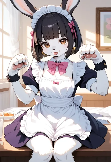 score_9, score_8_up, score_7_up, score_6_up, score_5_up, score_4_up, source_anime, best quality, masterpiece, 1 female, (furry, kemono:1.2), rabbit, solo, apron, looking at viewer, bow, jewelry, cat humanoid, black hair, paw pose, pink bow, dress, bell, sh...