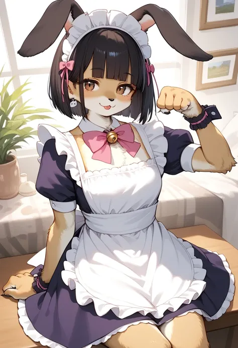 score_9, score_8_up, score_7_up, score_6_up, score_5_up, score_4_up, source_anime, best quality, masterpiece, 1 female, (furry, kemono:1.2), rabbit, solo, apron, looking at viewer, bow, jewelry, cat humanoid, black hair, paw pose, pink bow, dress, bell, sh...