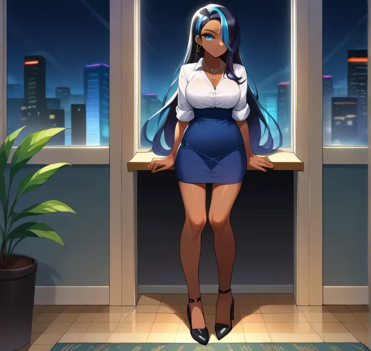 score_9, score_8_up,score_7_up, source_anime, 1girl, solo, EPpkNessa, blue eyes, black hair, blue hair, streaked hair,, dark skin, dark-skinned female, necklace, ear piercing,bottonup shirt,high-waist skirt,pantyhoes,heels,office, at a dark room, at night ...